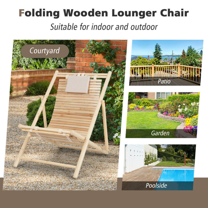 Solid Fir Wood Lounge Chair with 3-Level Adjustable Backrest