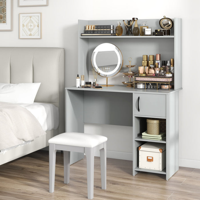 Modern Gray Home Office Desk with Raised Display Shelf & Storage