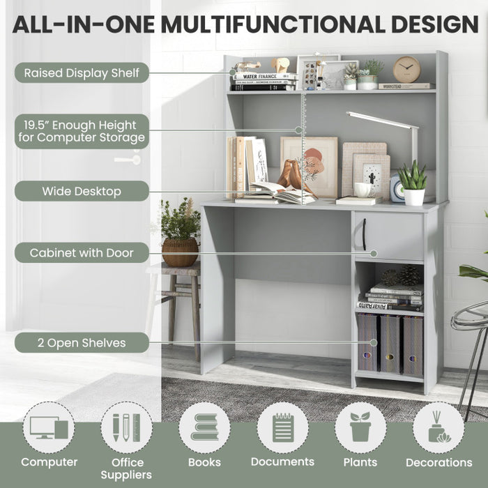 Modern Gray Home Office Desk with Raised Display Shelf & Storage