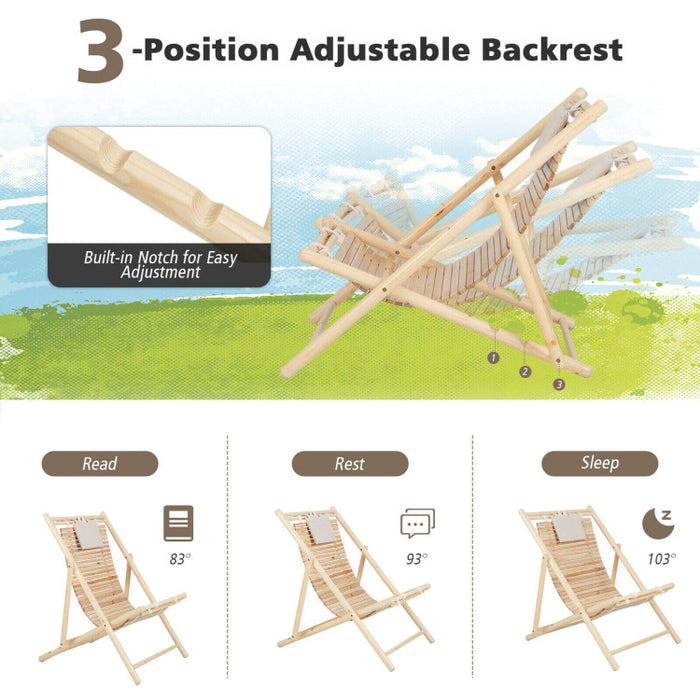 Solid Fir Wood Lounge Chair with 3-Level Adjustable Backrest