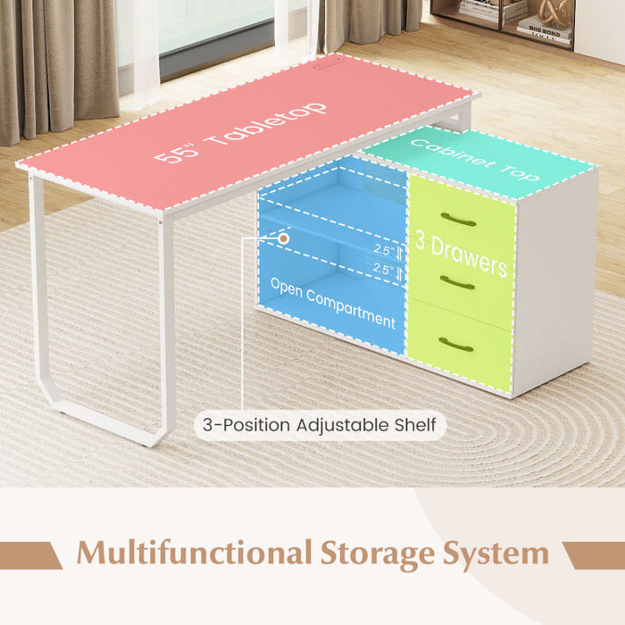 55-Inch Reversible L-Shaped Desk with Drawers & Charging Station