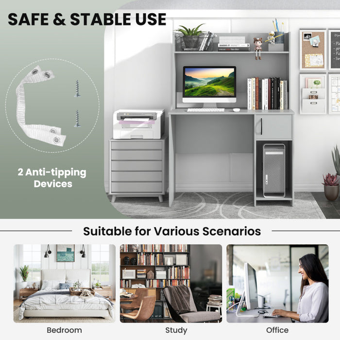 Modern Gray Home Office Desk with Raised Display Shelf & Storage