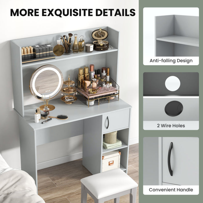 Modern Gray Home Office Desk with Raised Display Shelf & Storage