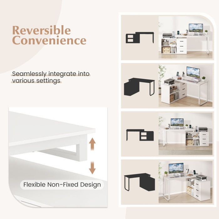 55-Inch Reversible L-Shaped Desk with Drawers & Charging Station