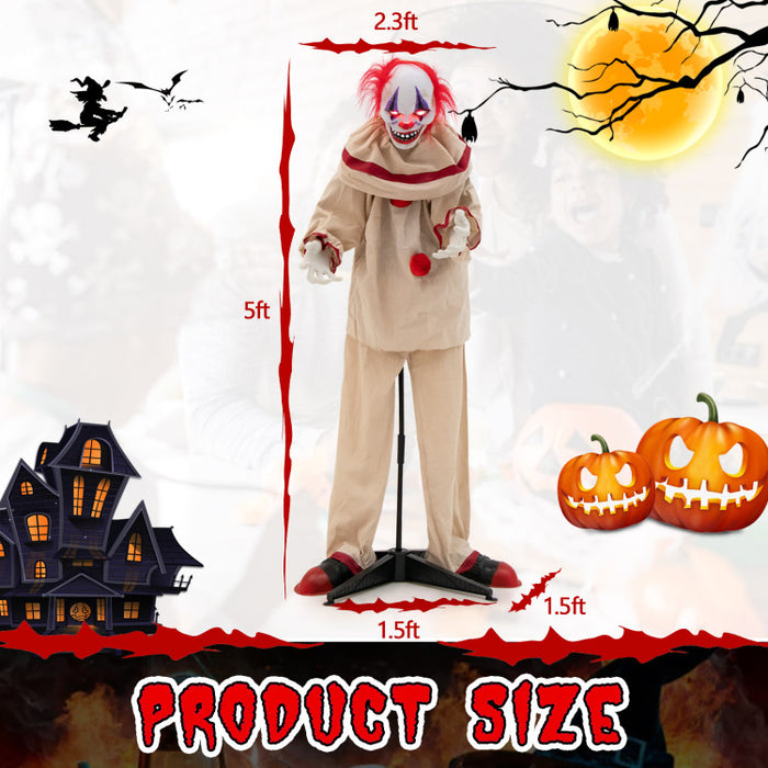 5 Feet Grins Animatronic Killer Clown Halloween Decoration with Glowing Red Eyes