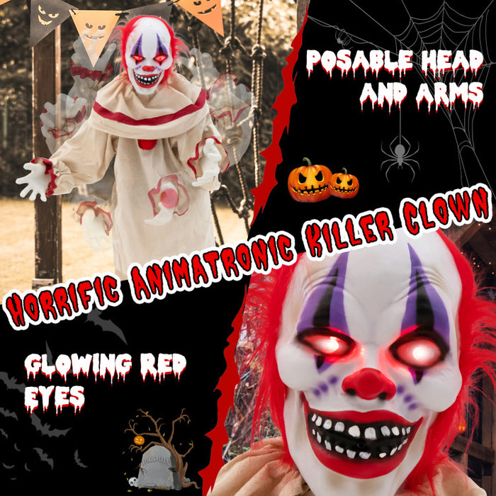 5 Feet Grins Animatronic Killer Clown Halloween Decoration with Glowing Red Eyes