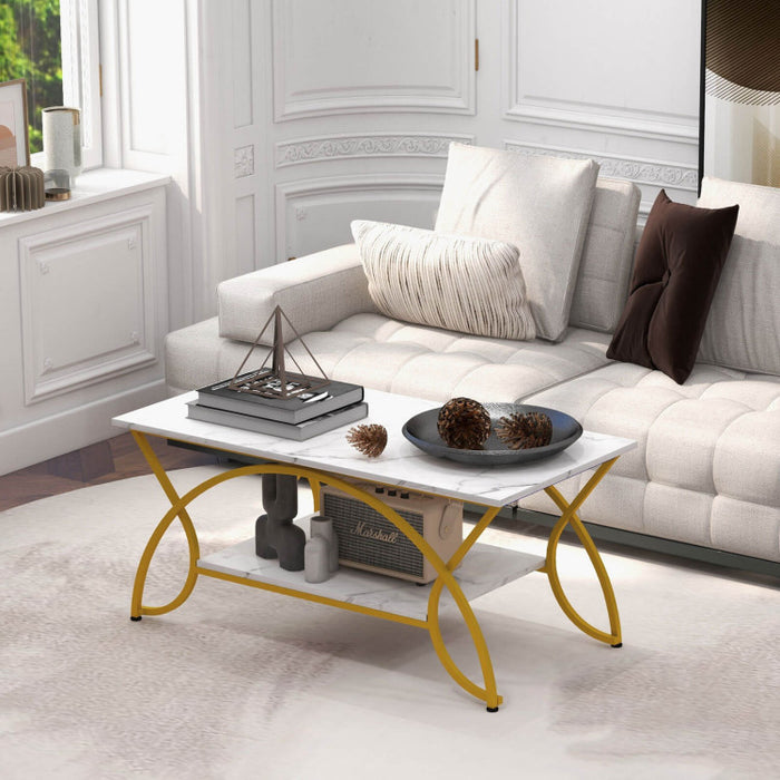 2 Tier Faux Marble Coffee Table with Marble Top/Golden White