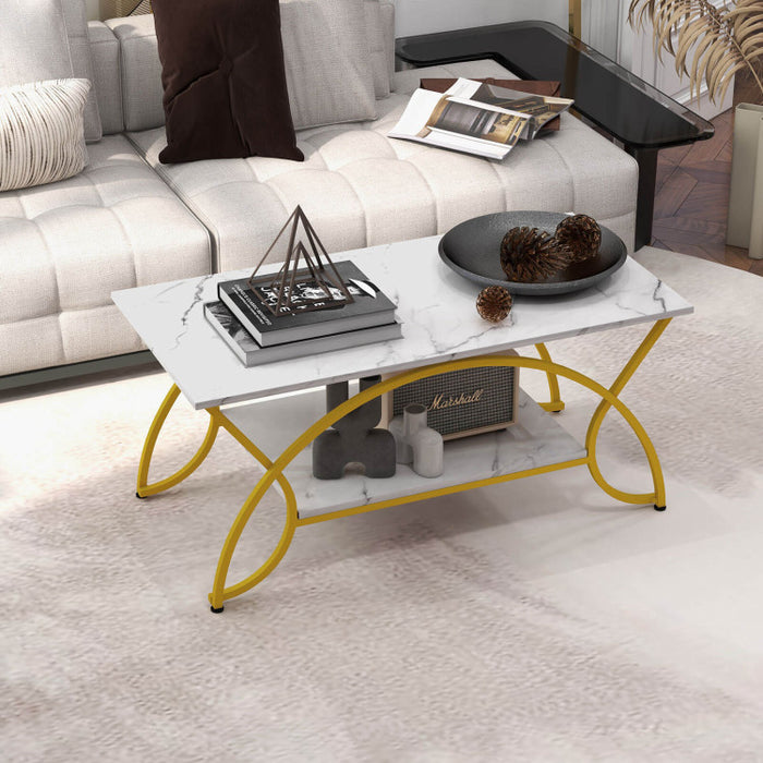 2 Tier Faux Marble Coffee Table with Marble Top/Golden White