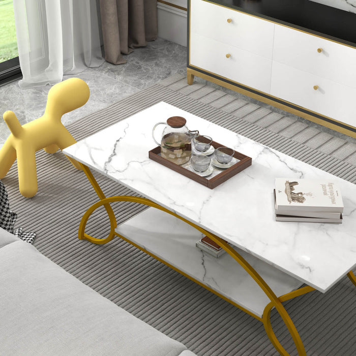 2 Tier Faux Marble Coffee Table with Marble Top/Golden White