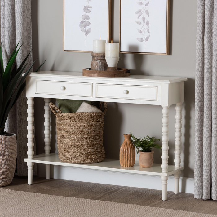 Malinda Classic White 2-Drawer Console Table with Spindle Legs