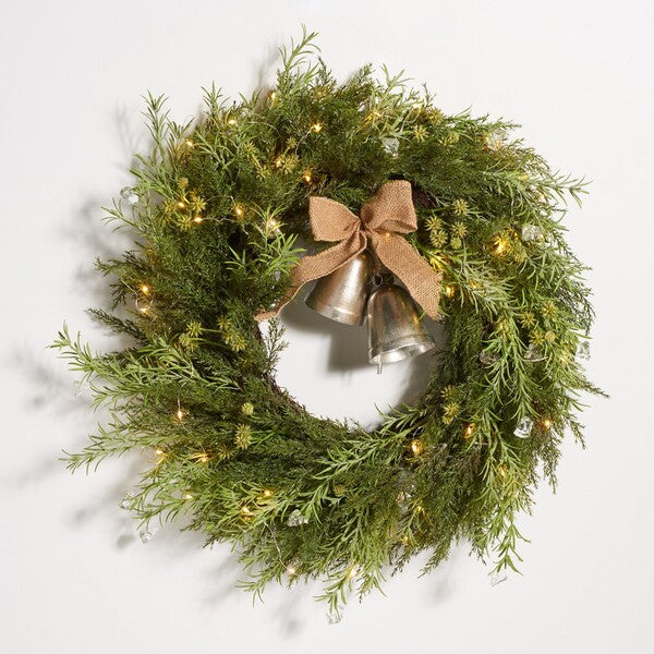 Faux 22 Inch Pine Led Wreath W/Gold Bells