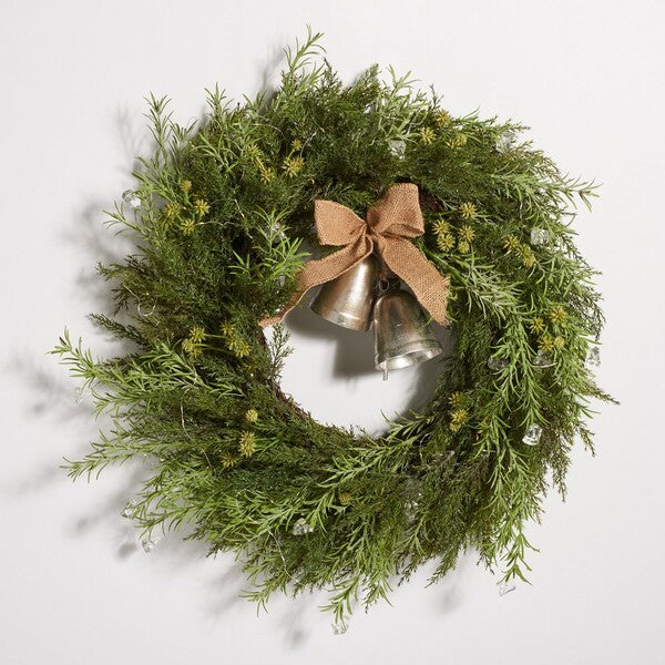 Faux 22 Inch Pine Led Wreath W/Gold Bells