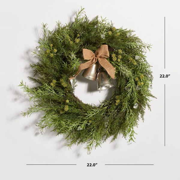 Faux 22 Inch Pine Led Wreath W/Gold Bells