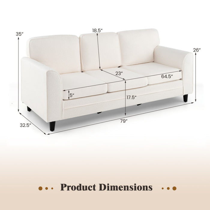 Upholstered Teddy Velvet 3-Seat Sofa with Comfy Back Pillow/White