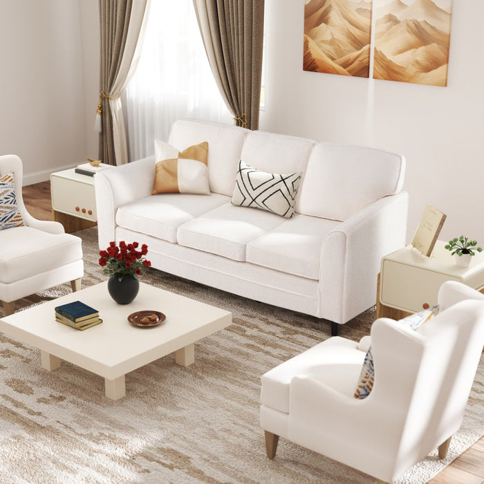 Upholstered Teddy Velvet 3-Seat Sofa with Comfy Back Pillow/White