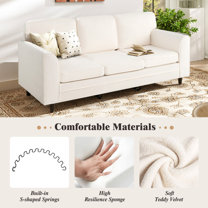 Upholstered Teddy Velvet 3-Seat Sofa with Comfy Back Pillow/White