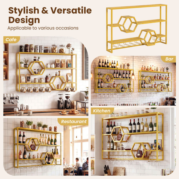 Wall Mounted Wine Rack 47” – Gold Floating Bar Shelves