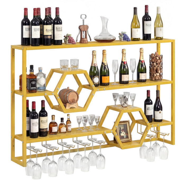 Wall Mounted Wine Rack 47” – Gold Floating Bar Shelves