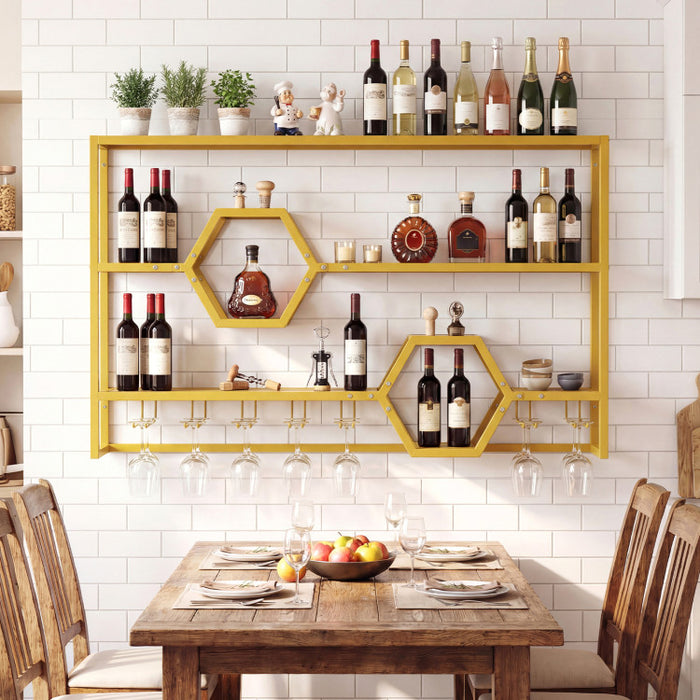 Wall Mounted Wine Rack 47” – Gold Floating Bar Shelves