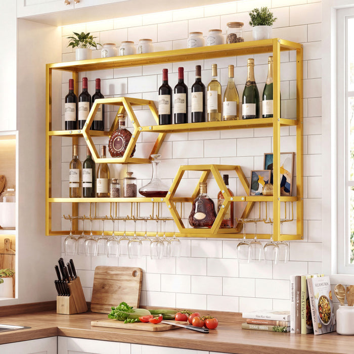 Wall Mounted Wine Rack 47” – Gold Floating Bar Shelves