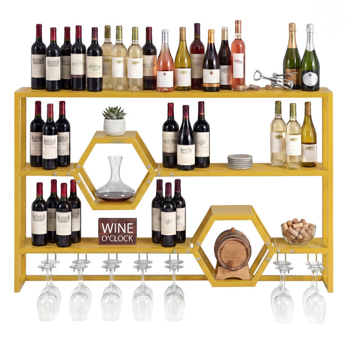 Wall Mounted Wine Rack 47” – Gold Floating Bar Shelves