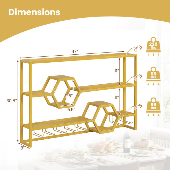 Wall Mounted Wine Rack 47” – Gold Floating Bar Shelves