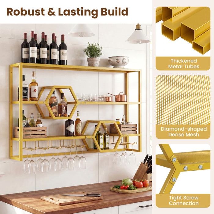 Wall Mounted Wine Rack 47” – Gold Floating Bar Shelves