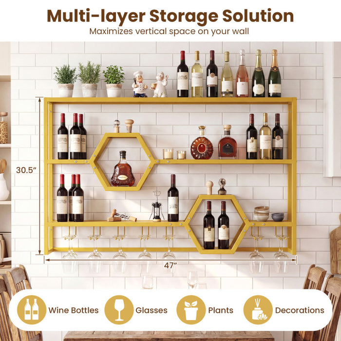 Wall Mounted Wine Rack 47” – Gold Floating Bar Shelves