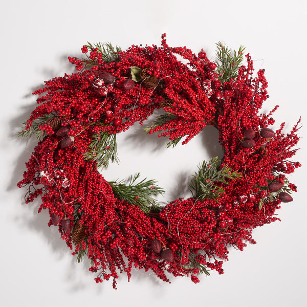 Faux 30 Inch Red Berry & Pine Led Wreath