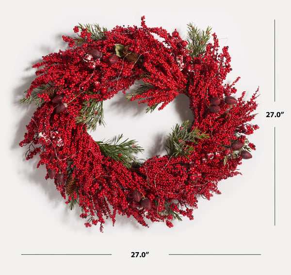 Faux 30 Inch Red Berry & Pine Led Wreath