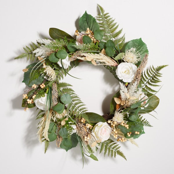 Faux 28 Inch Rose & Fern Wreath