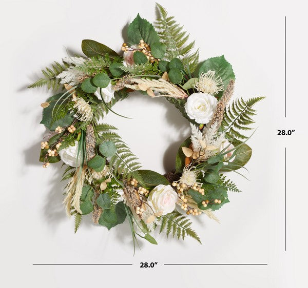 Faux 28 Inch Rose & Fern Wreath