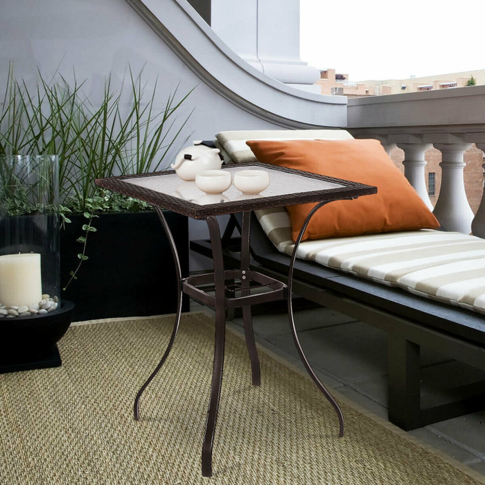 28.5'' Outdoor Patio Square Glass Top Table with Rattan Edging/Mix Brown