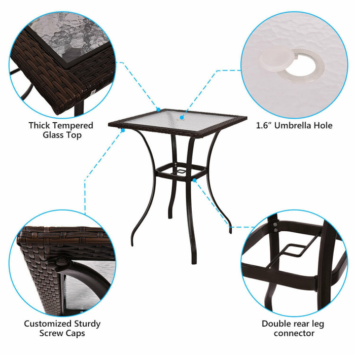 28.5'' Outdoor Patio Square Glass Top Table with Rattan Edging/Mix Brown