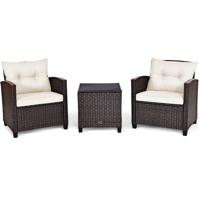 3 Pieces Rattan Patio Furniture Set with Washable Cushion/White