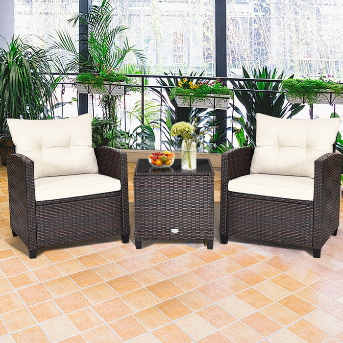3 Pieces Rattan Patio Furniture Set with Washable Cushion/White