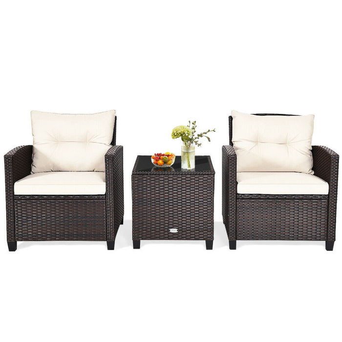 3 Pieces Rattan Patio Furniture Set with Washable Cushion/White