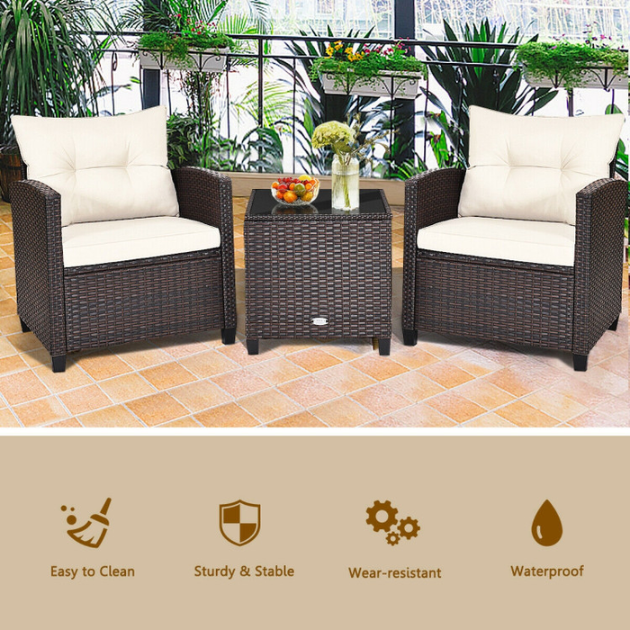 3 Pieces Rattan Patio Furniture Set with Washable Cushion/White