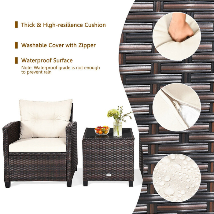 3 Pieces Rattan Patio Furniture Set with Washable Cushion/White