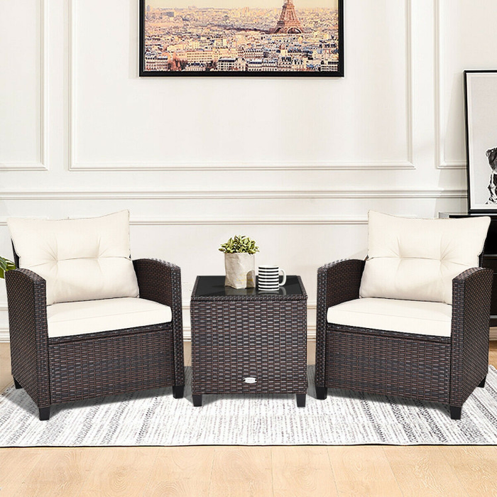 3 Pieces Rattan Patio Furniture Set with Washable Cushion/White