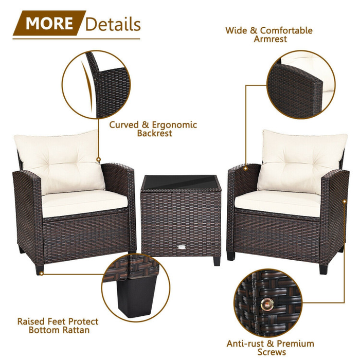 3 Pieces Rattan Patio Furniture Set with Washable Cushion/White
