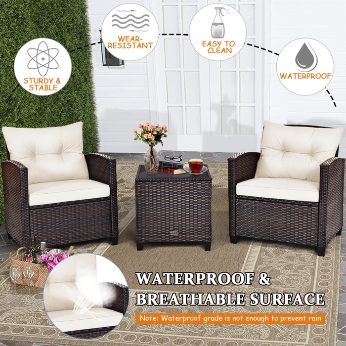 3 Pieces Rattan Patio Furniture Set with Washable Cushion/White