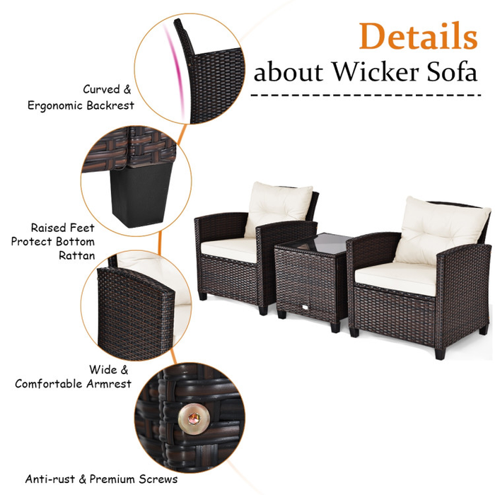 3 Pieces Rattan Patio Furniture Set with Washable Cushion/White