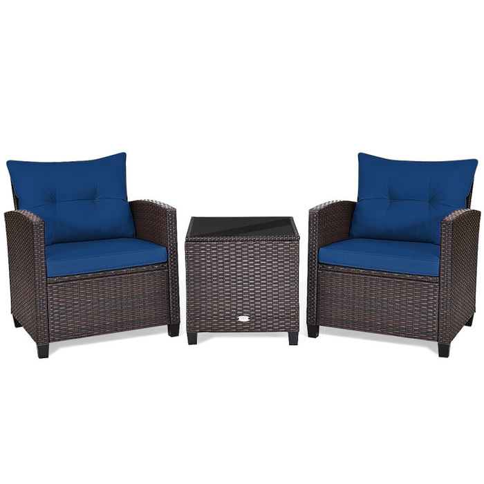 3 Pieces Rattan Patio Furniture Set with Washable Cushion/Navy