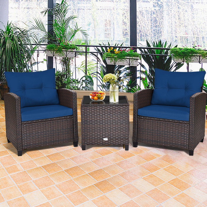 3 Pieces Rattan Patio Furniture Set with Washable Cushion/Navy