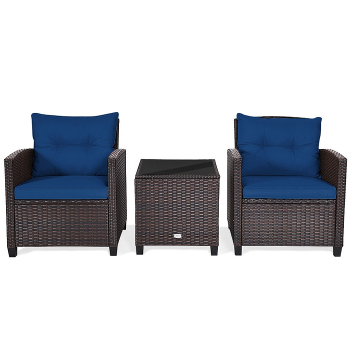 3 Pieces Rattan Patio Furniture Set with Washable Cushion/Navy