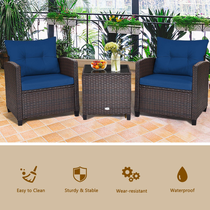 3 Pieces Rattan Patio Furniture Set with Washable Cushion/Navy