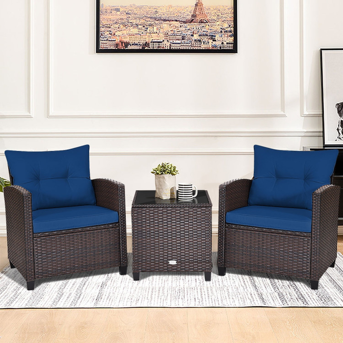 3 Pieces Rattan Patio Furniture Set with Washable Cushion/Navy