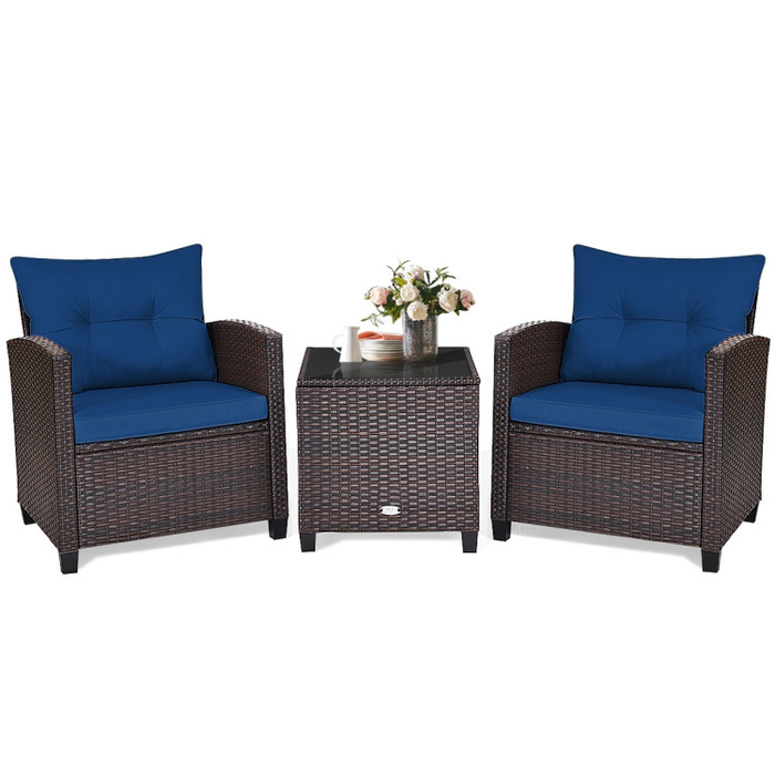 3 Pieces Rattan Patio Furniture Set with Washable Cushion/Navy