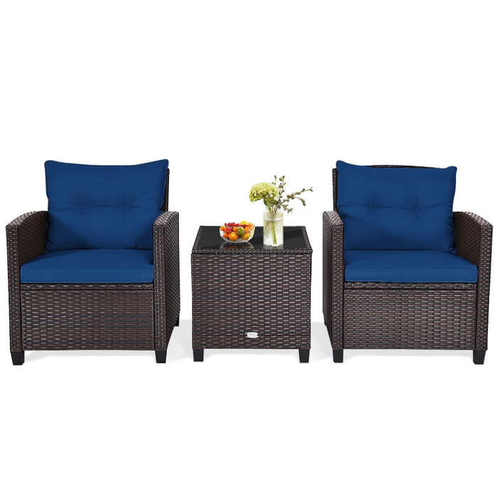 3 Pieces Rattan Patio Furniture Set with Washable Cushion/Navy